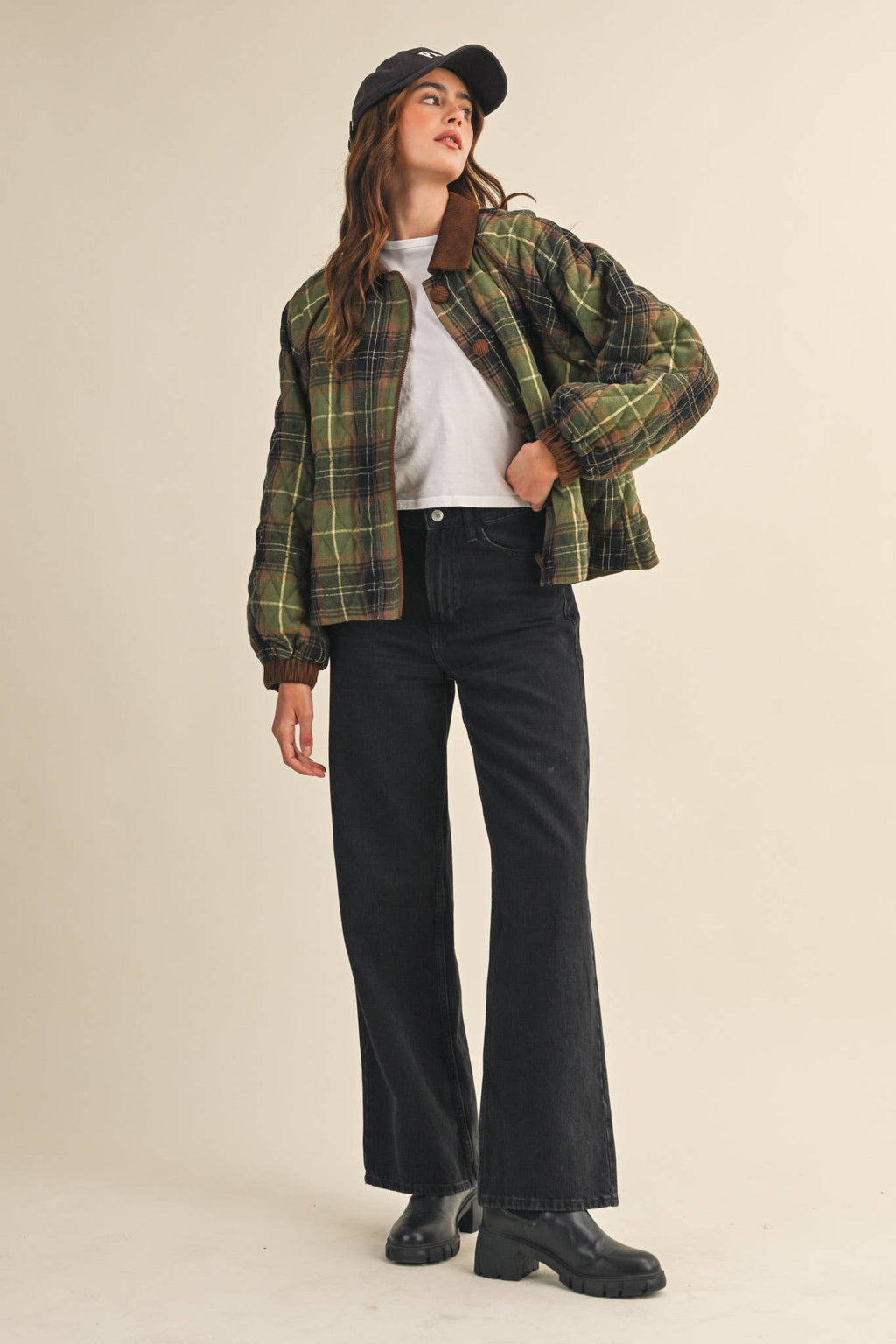 Plaid Quilted Jacket with Contrast Corduroy Detail