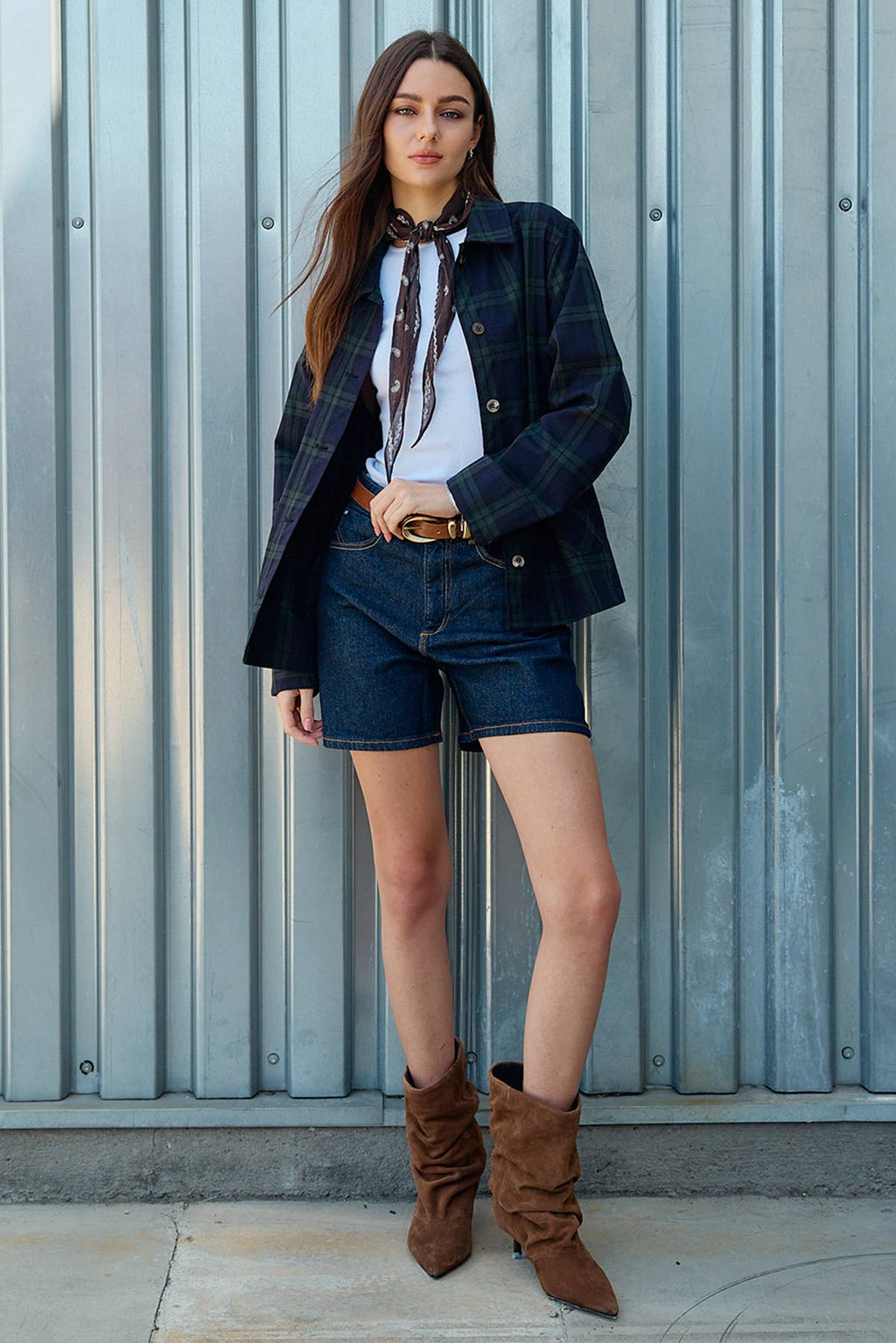 Navy Plaid Button Front Pocket Jacket