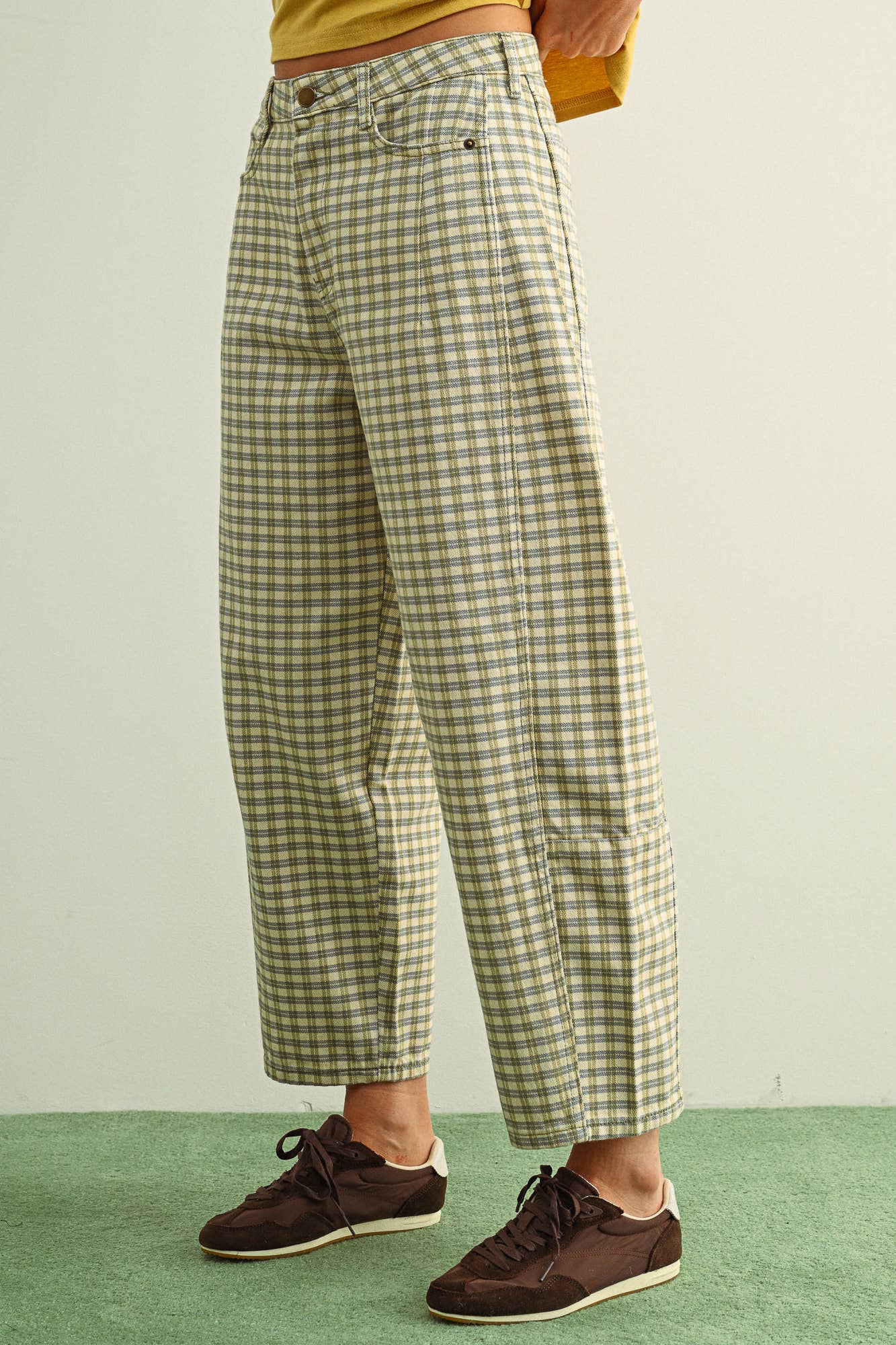 Mini Checker Pattern Barrel Pants in Olive Mist