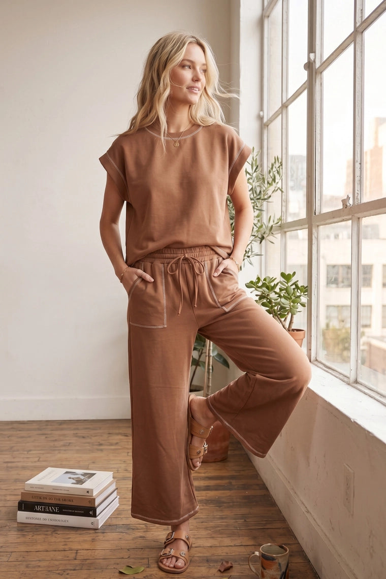 Scuba Contrast Stitch Lounge Set in Brown