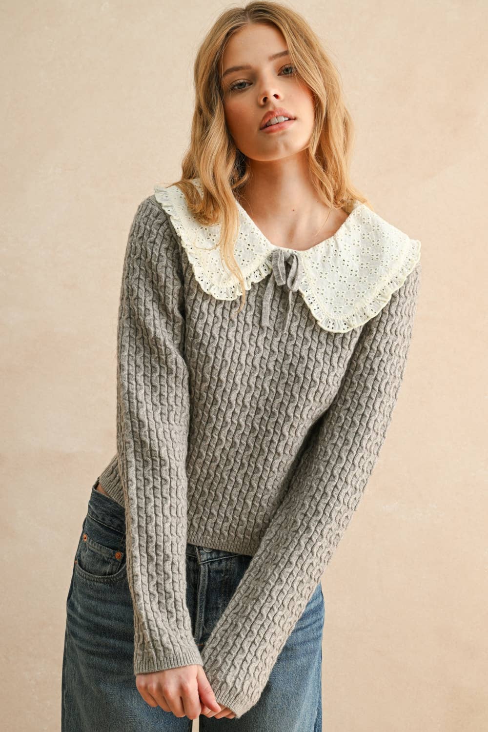 Crochet Collar Cable Knit Blouse