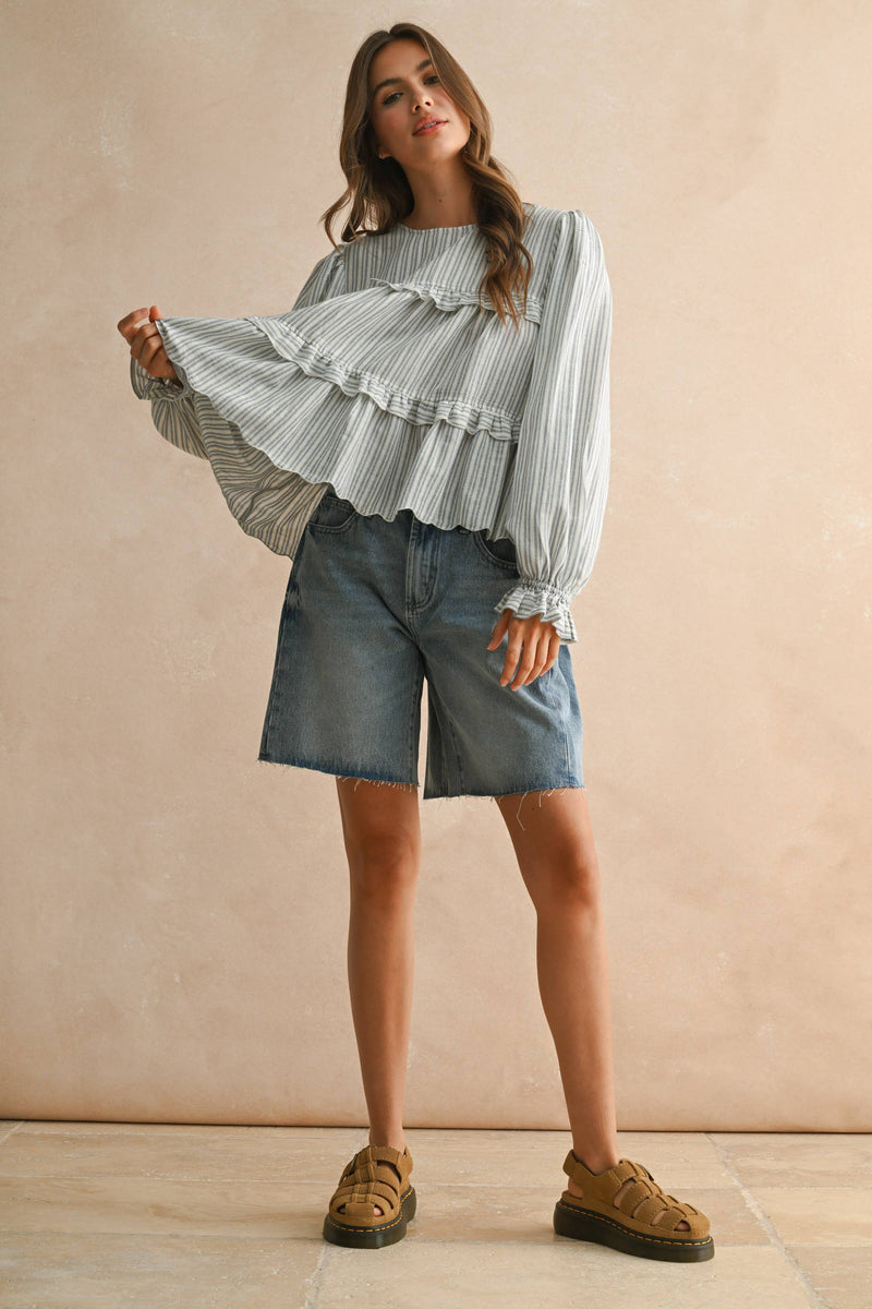 Striped Pattern Ruffle Detail Blouse