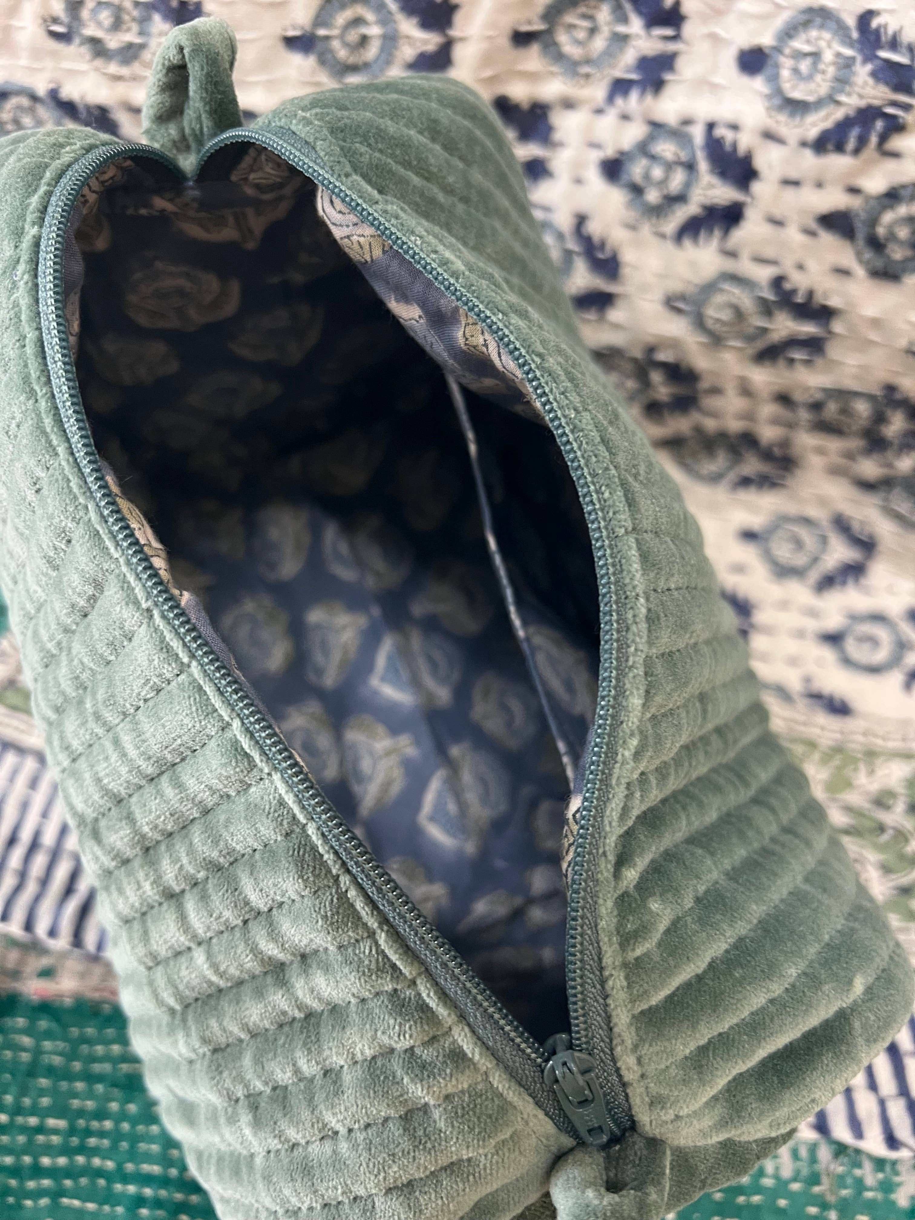 Eucalyptus Velvet & Block Print Lined Cosmetic Pouch