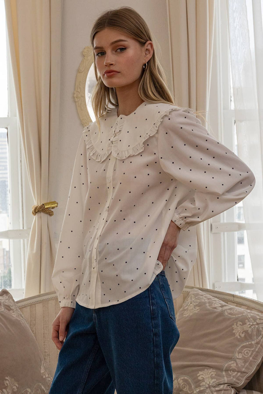 Polka Dot Ruffle Collar Blouse