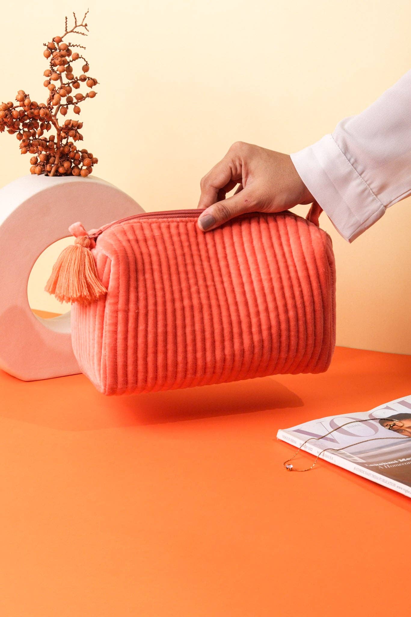 Salmon Velvet & Block Print Lined Cosmetic Pouch