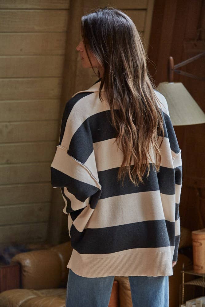 Knit Striped Turtleneck Half Zip Up Top