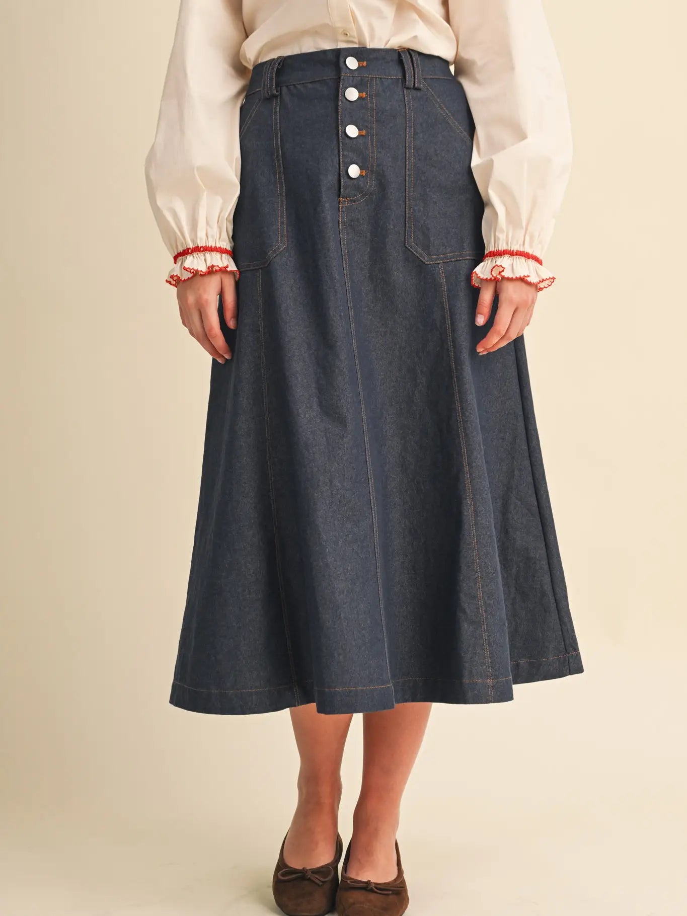 Denim A-Line Midi Skirt