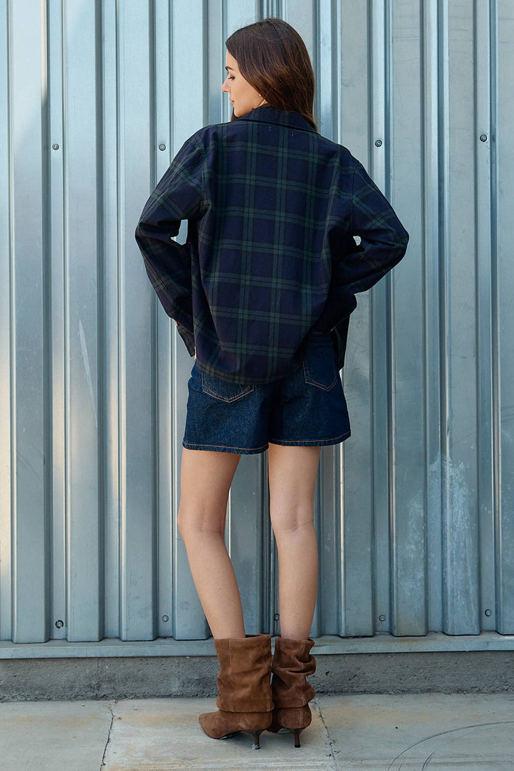 Navy Plaid Button Front Pocket Jacket