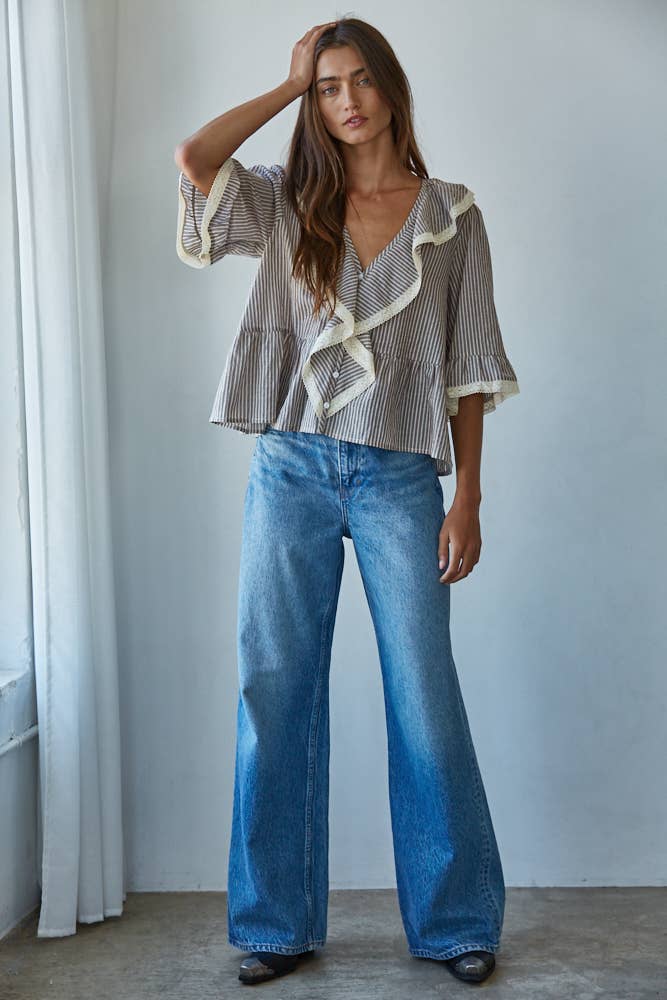 Woven Cotton Linen Striped Ruffle Top