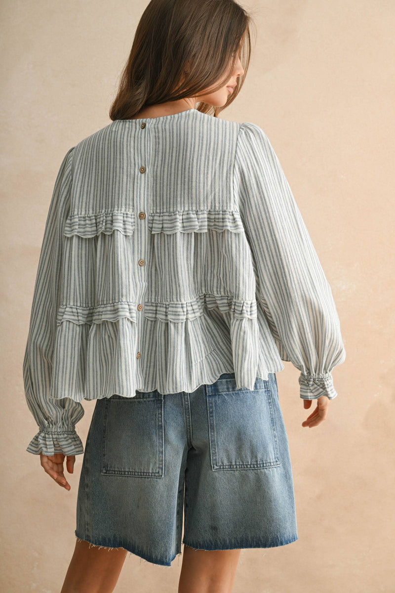 Striped Pattern Ruffle Detail Blouse