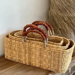 Reed Baskets with Leather Handles