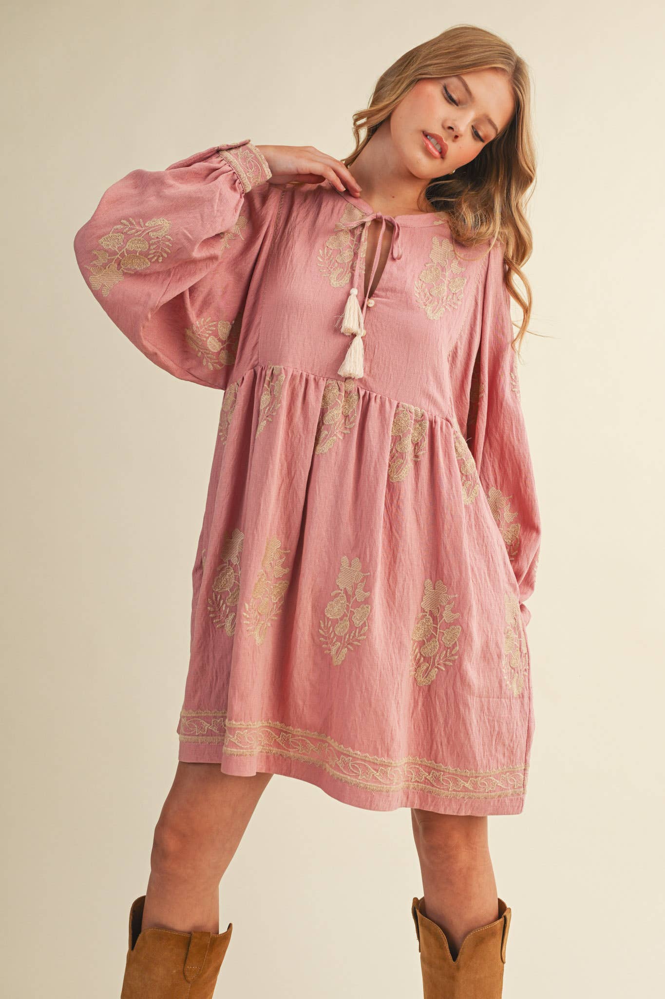 Embroidered Long Puff Sleeve Mini Dress