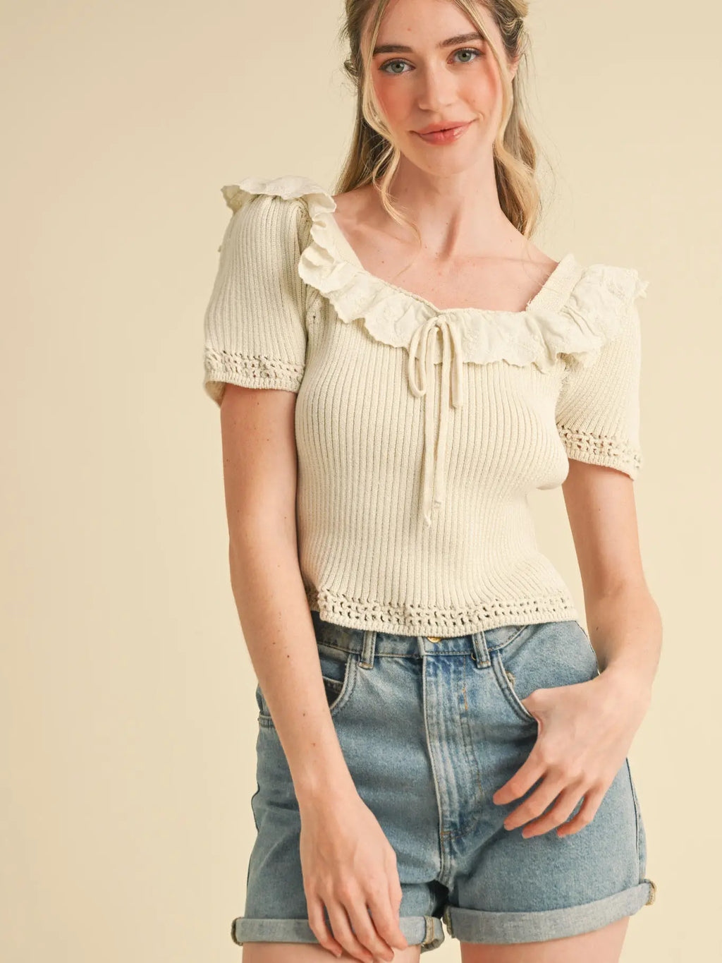 Ecru Ruffle Trim Short Sleeve Sweater