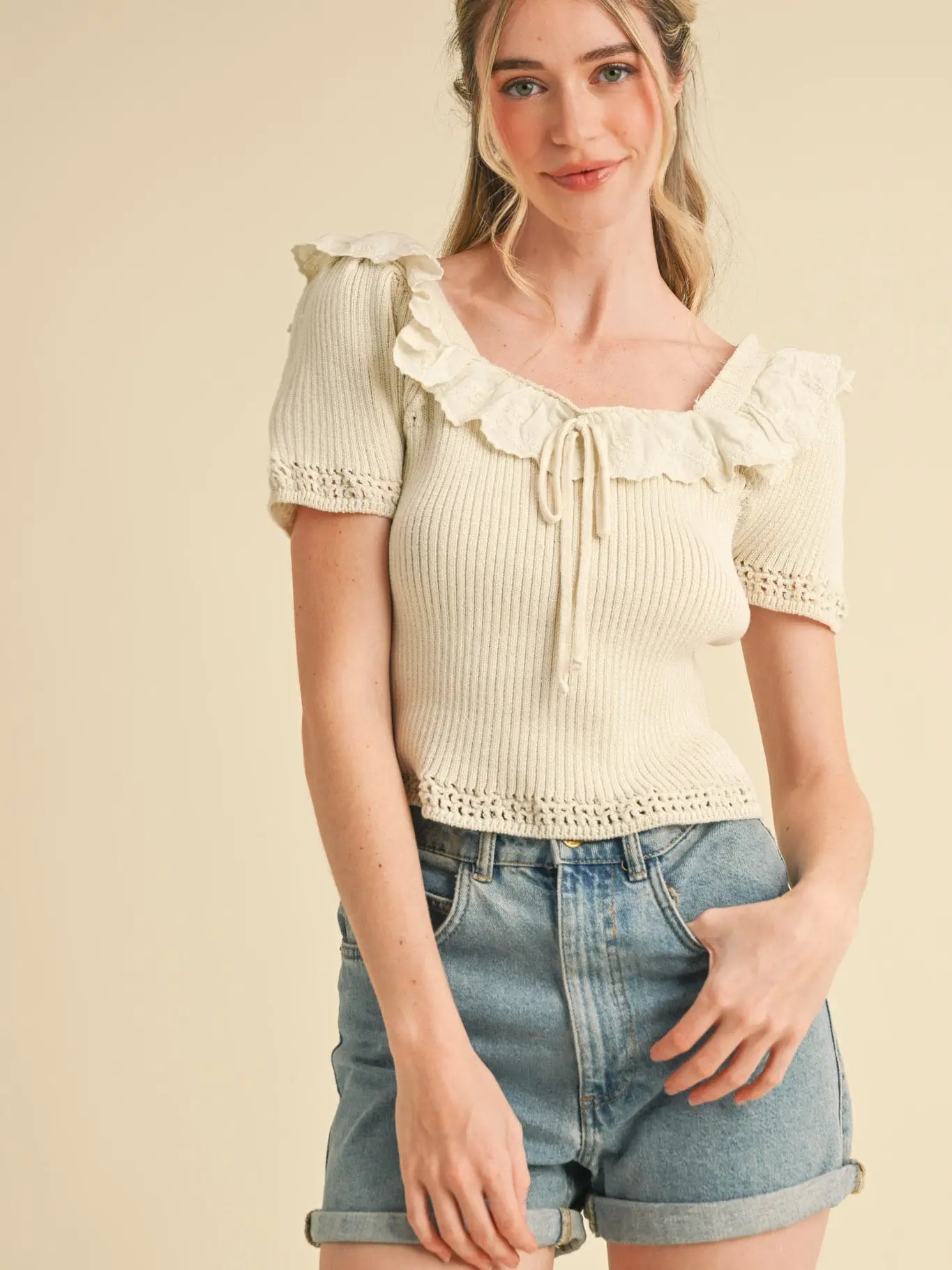 Ecru Ruffle Trim Short Sleeve Sweater
