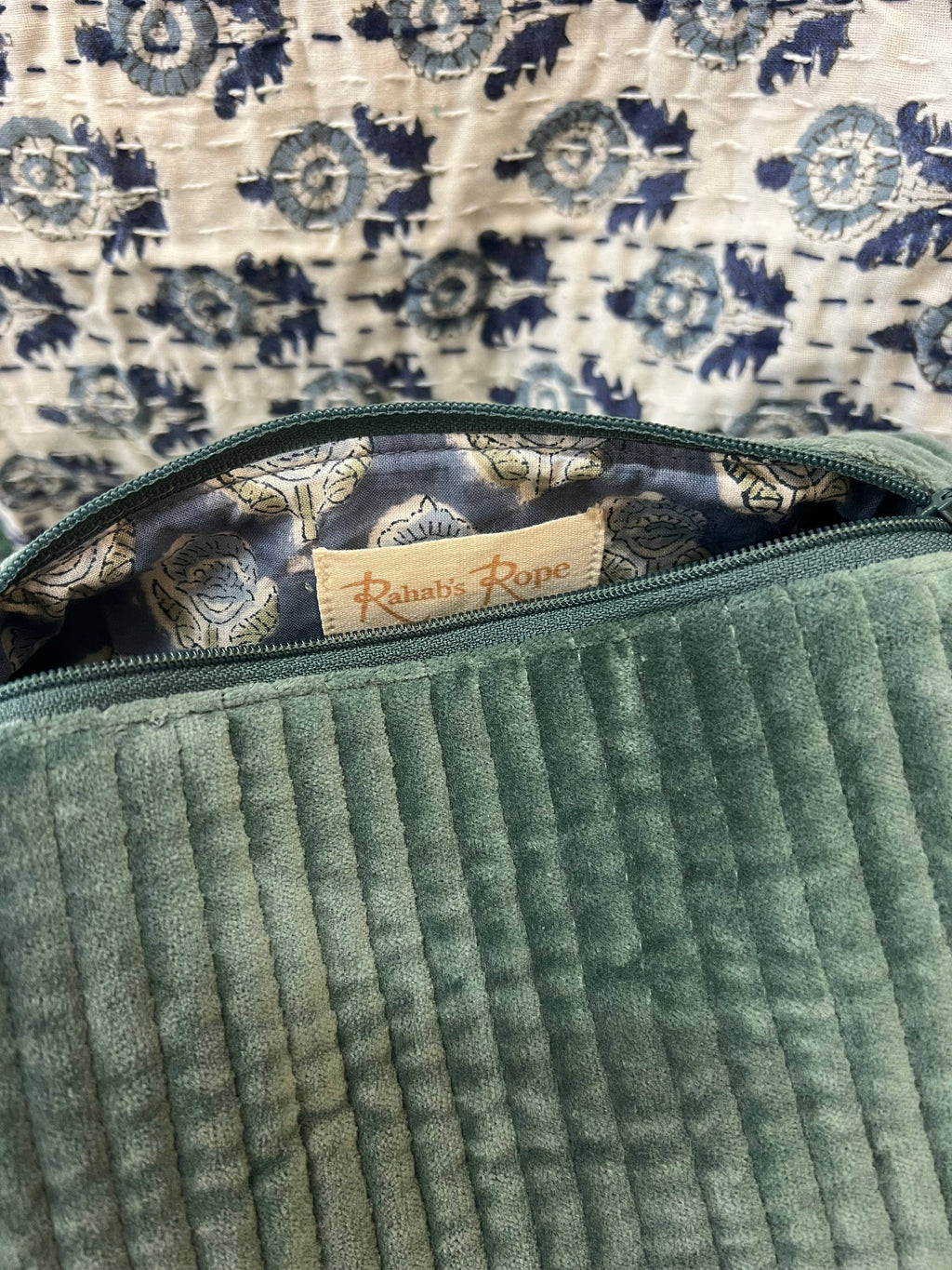 Eucalyptus Velvet & Block Print Lined Cosmetic Pouch