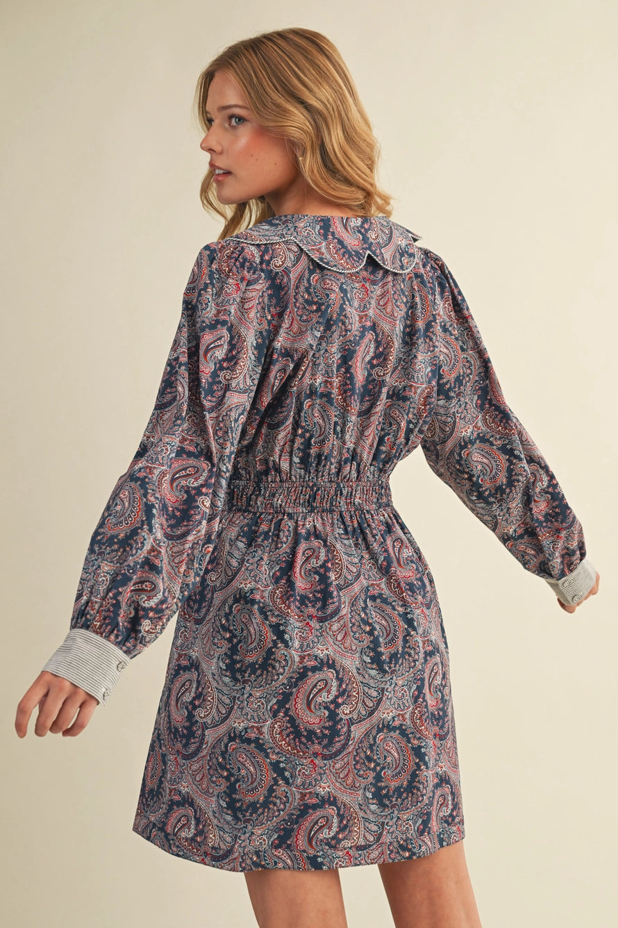 Paisley Pleated Waist Flared Mini Dress