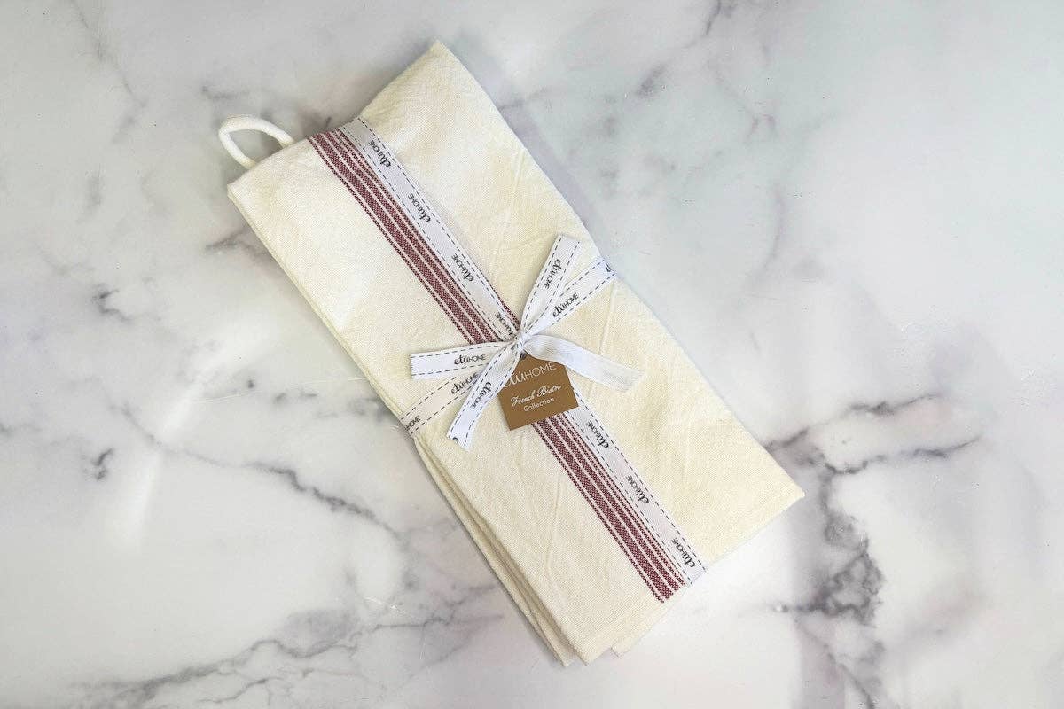 Vintage Merlot Red Stripe Kitchen Tea Towel