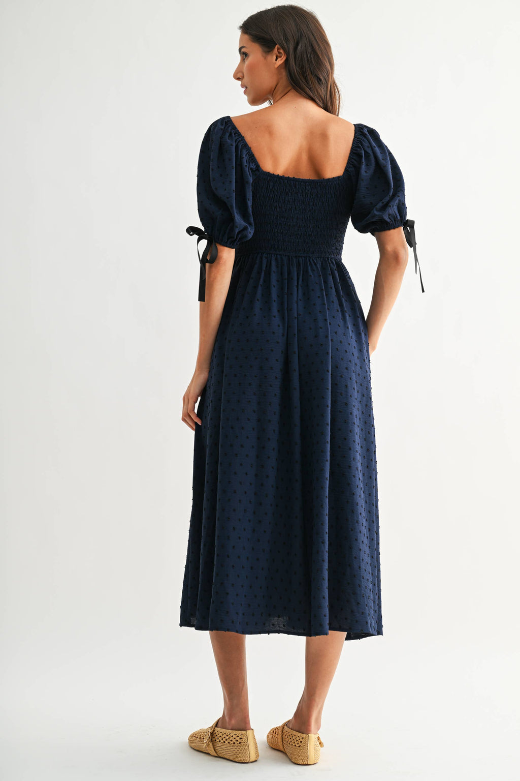 Smocked Bodice Textured Midi Dress