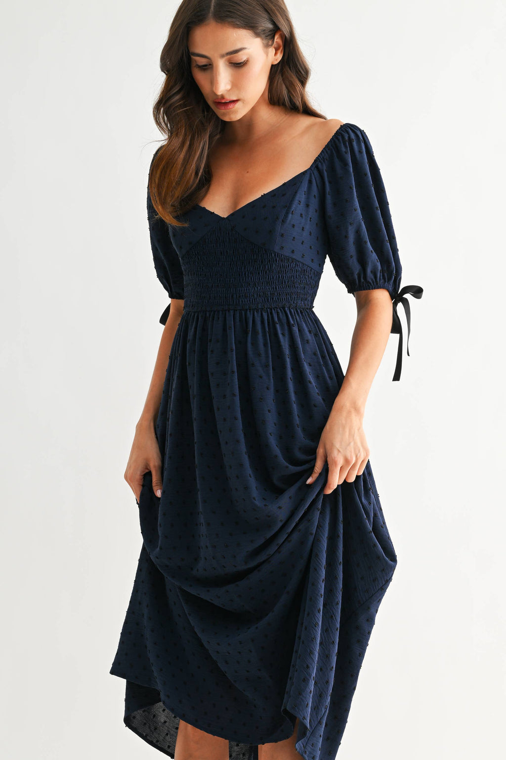 Smocked Bodice Textured Midi Dress