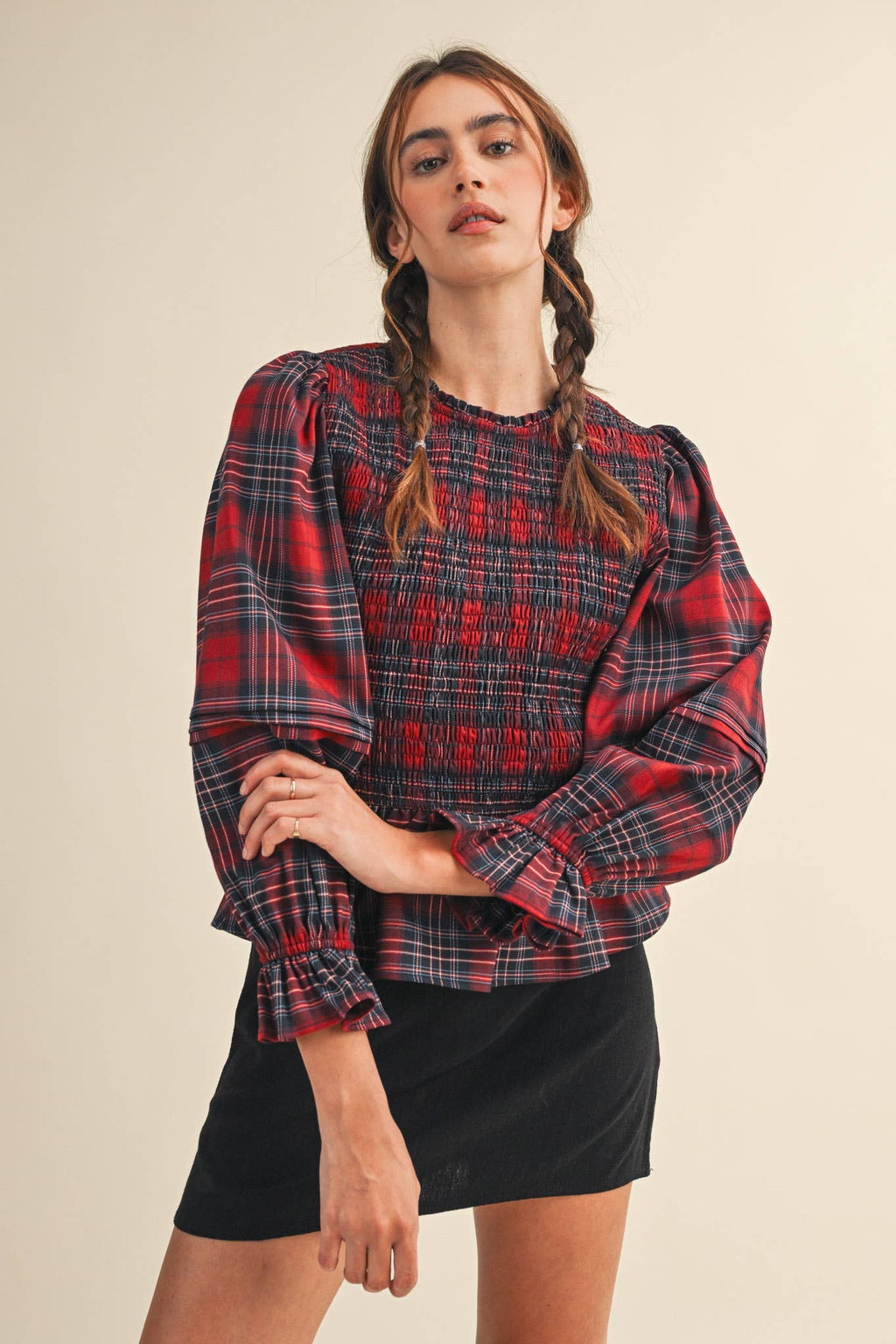 Smocked Plaid Puff Sleeve Peplum Top