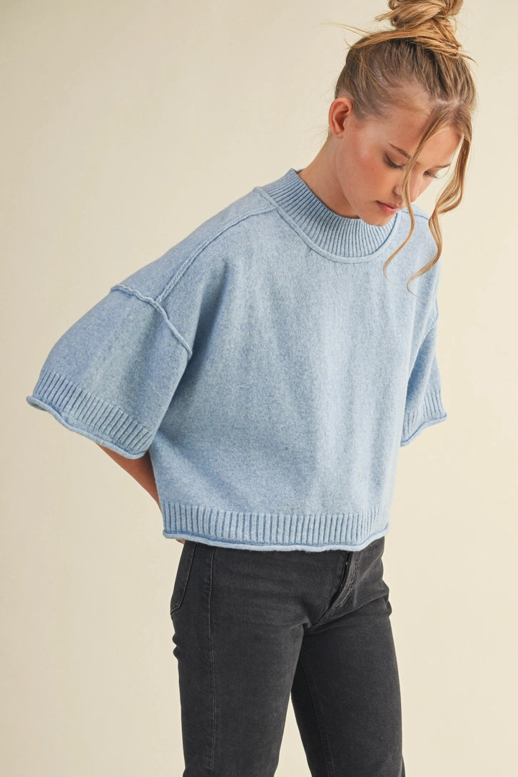 Marled Knit Mock Neck Short Sleeve Sweater