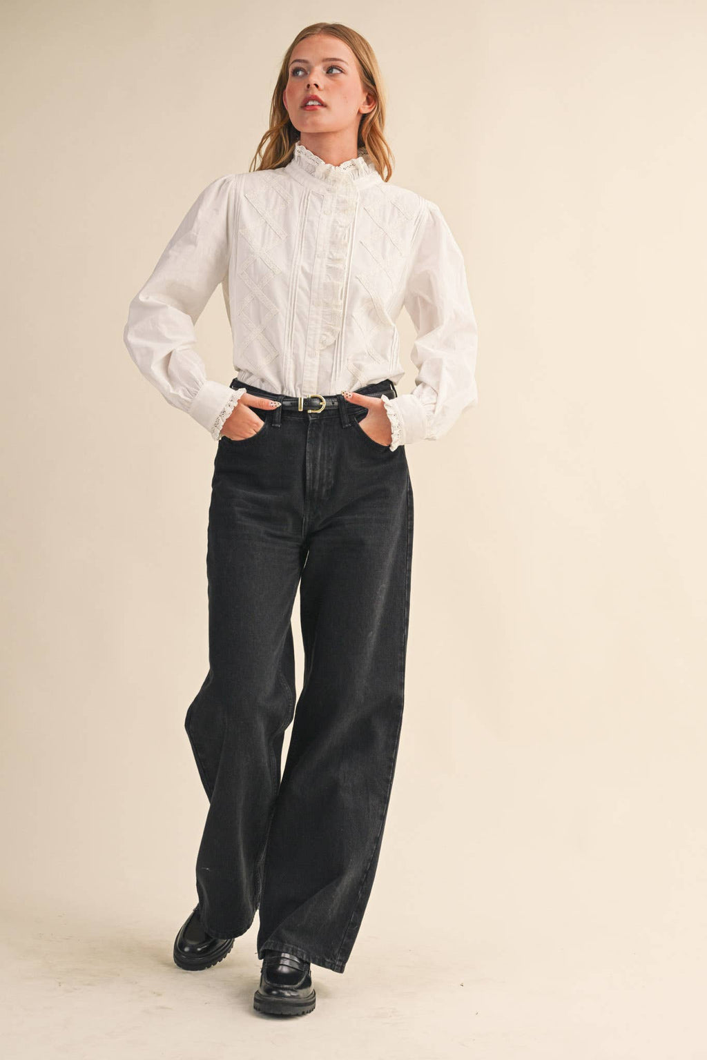 Ruffled Lace Trim Button Down Top