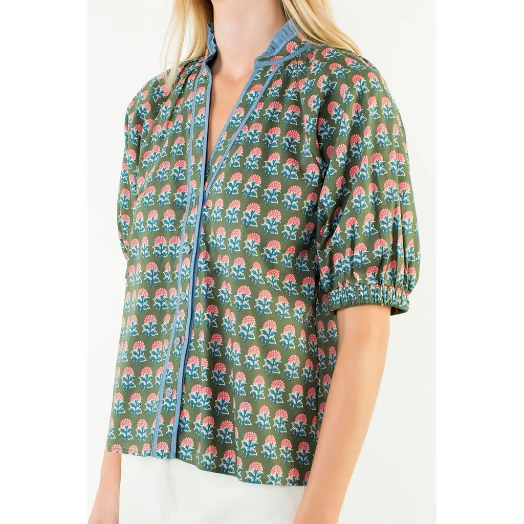 Puff Sleeve Flower Top with Ruffled Neck