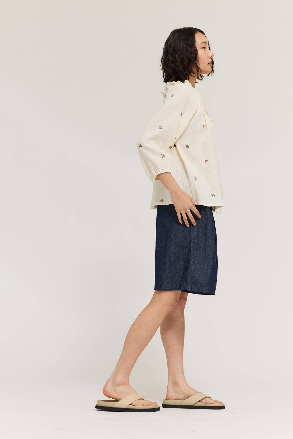 Embroidered Gauze Drawstring Blouse