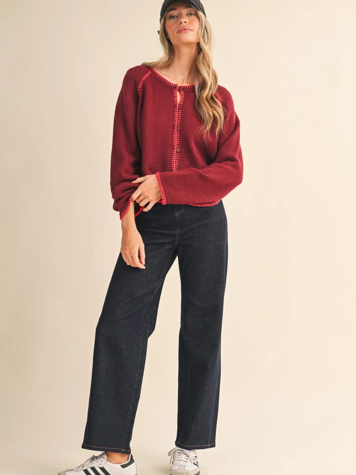 Contrast Blanket Stitch Sweater Cardigan