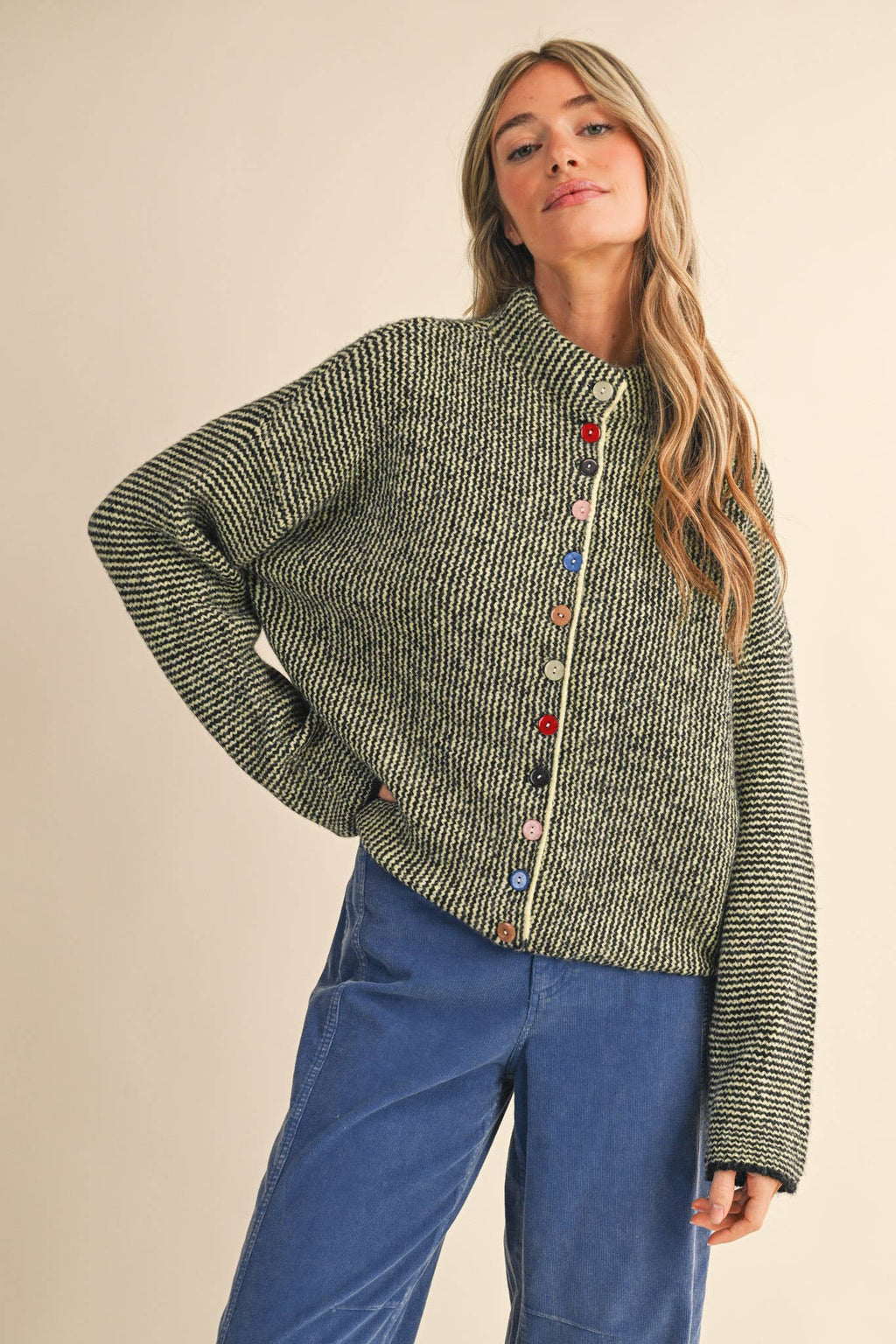 Striped Sweater Cardigan with Colorful Buttons