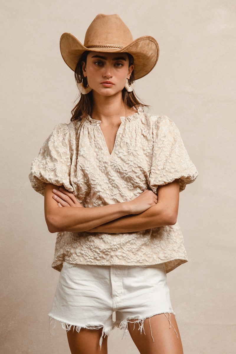 Floral Textured Balloon Sleeve Top