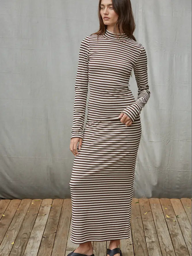 Spandex Stripe Mock Long Sleeve in Cream Brown