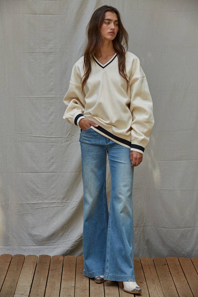 Stripe Contrast Trim Oversized Pullover