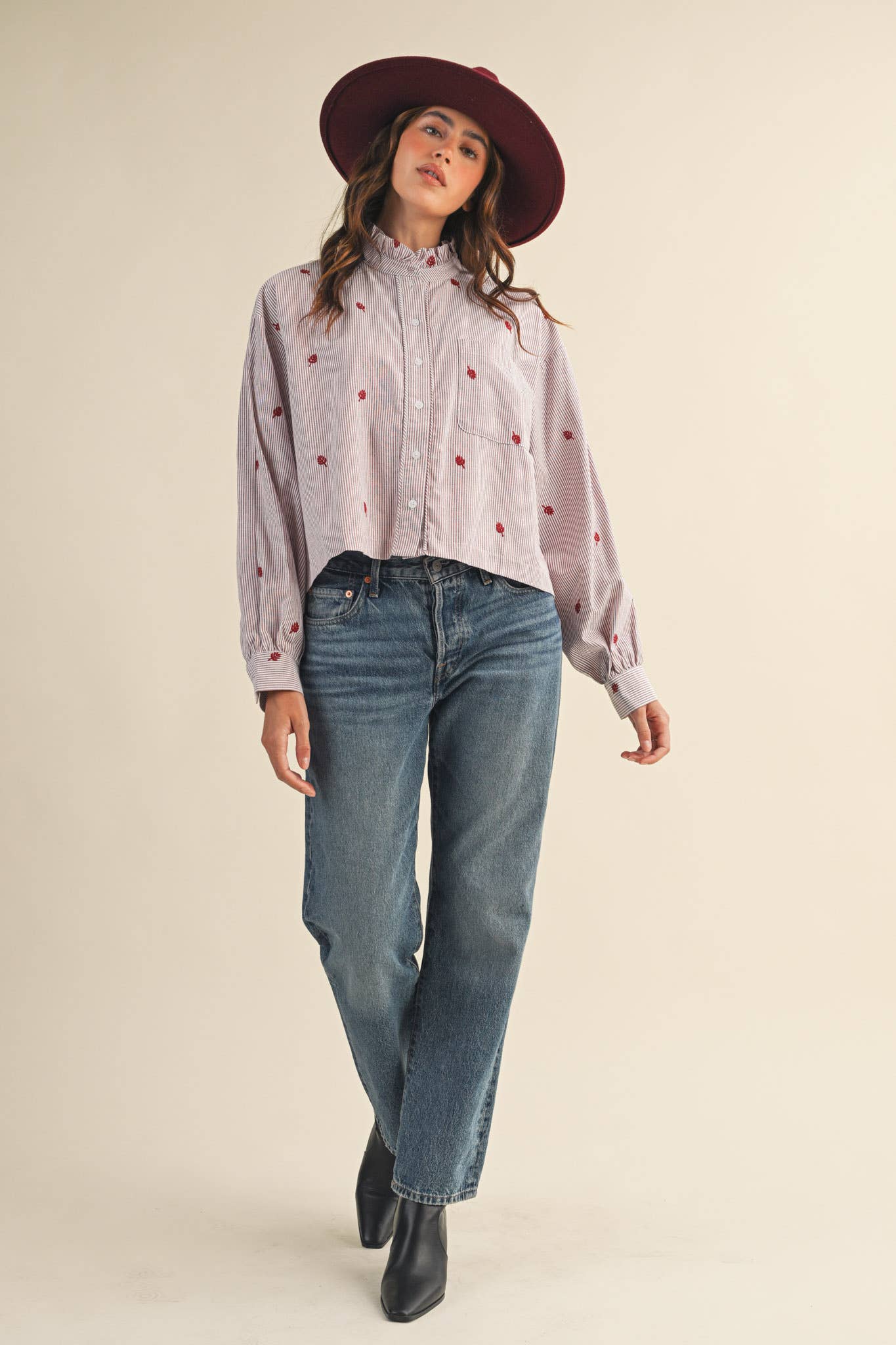 Embroidered Mock Neck Striped Button Up