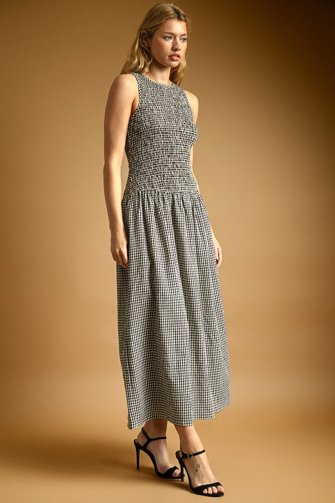 Mini Gingham Sleeveless Long Dress in Black