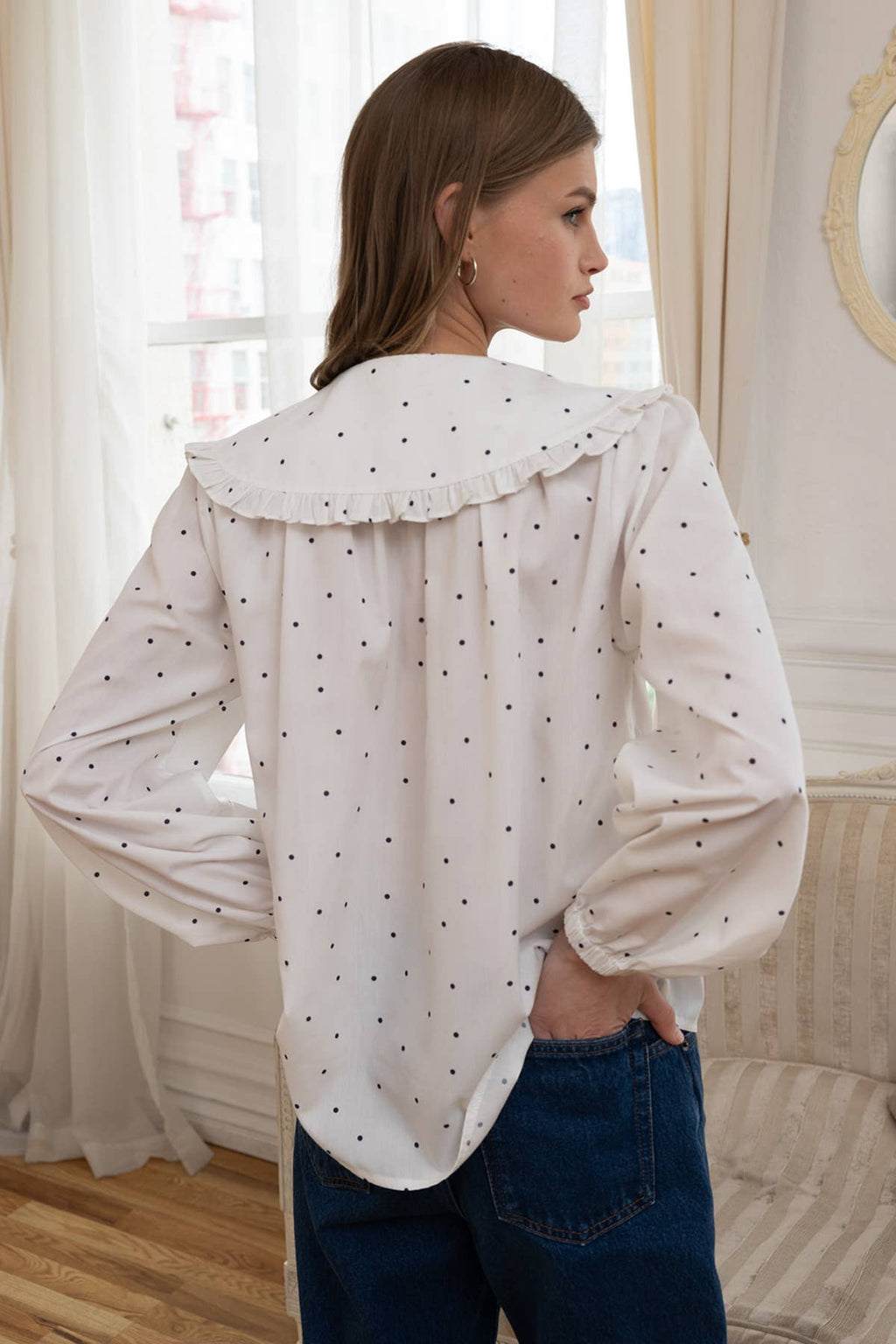 Polka Dot Ruffle Collar Blouse