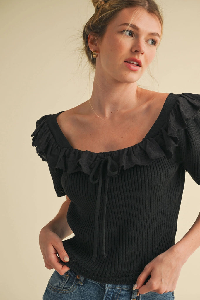 Black Ruffle Trim Short Sleeve Sweater