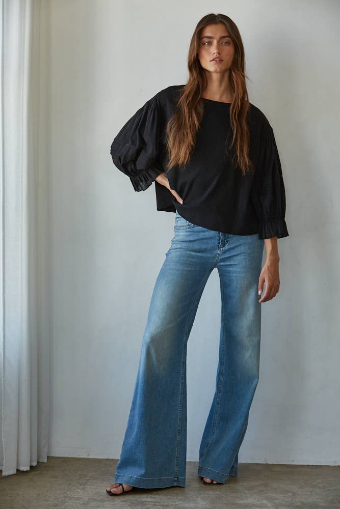 Quarter Balloon Sleeve Top with Pleat Detail