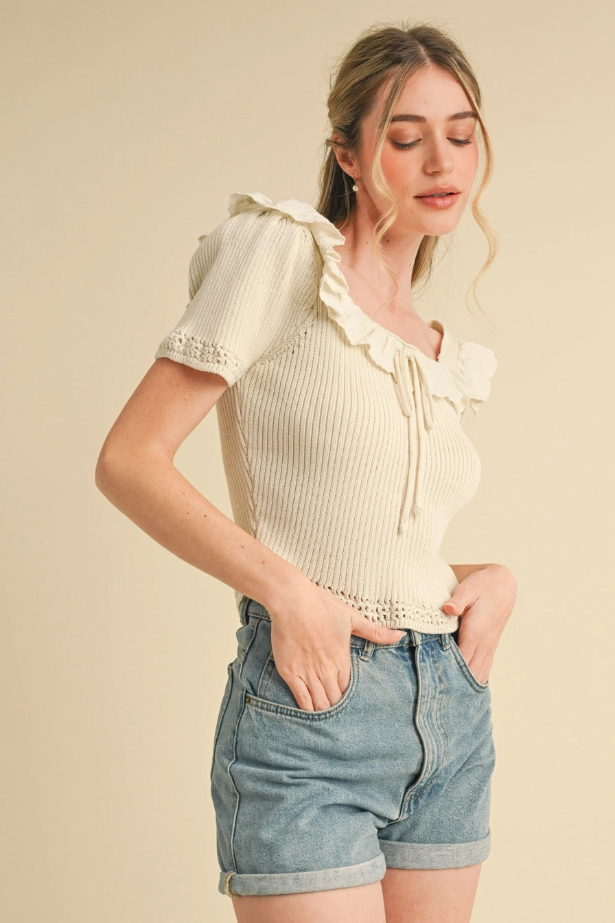 Ecru Ruffle Trim Short Sleeve Sweater