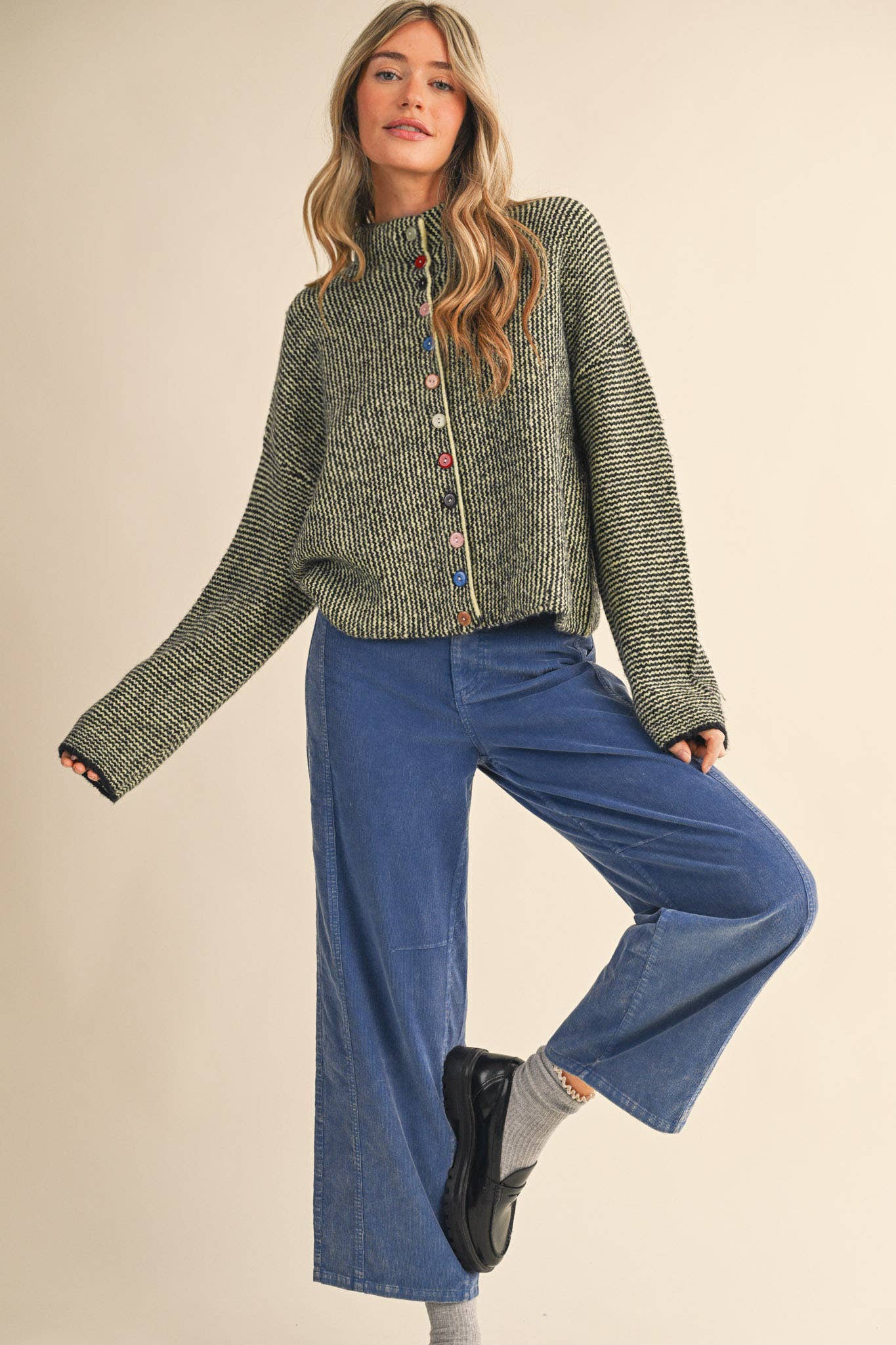 Striped Sweater Cardigan with Colorful Buttons