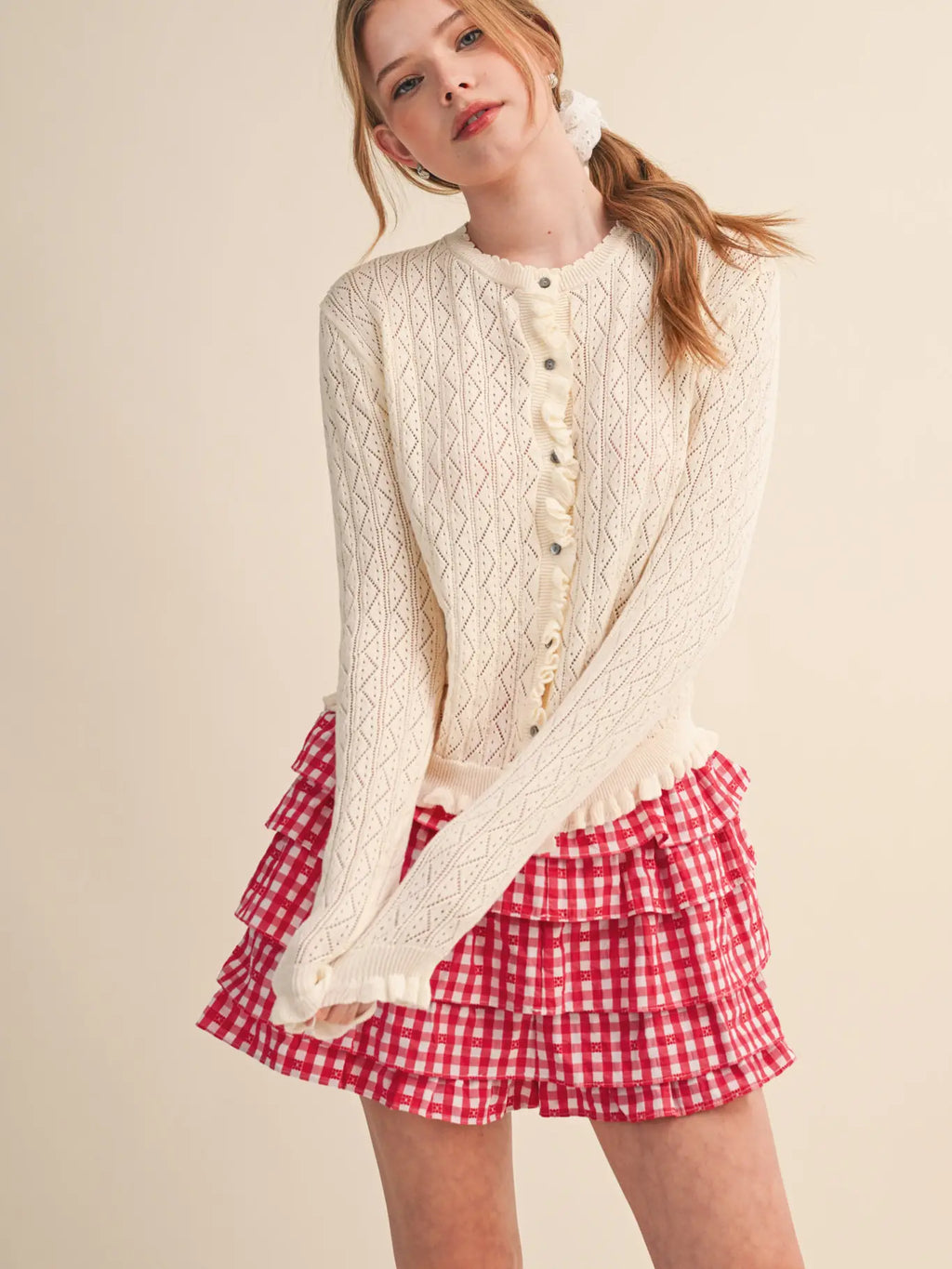 Ruffled Edge Pointelle Knit Sweater Cardigan