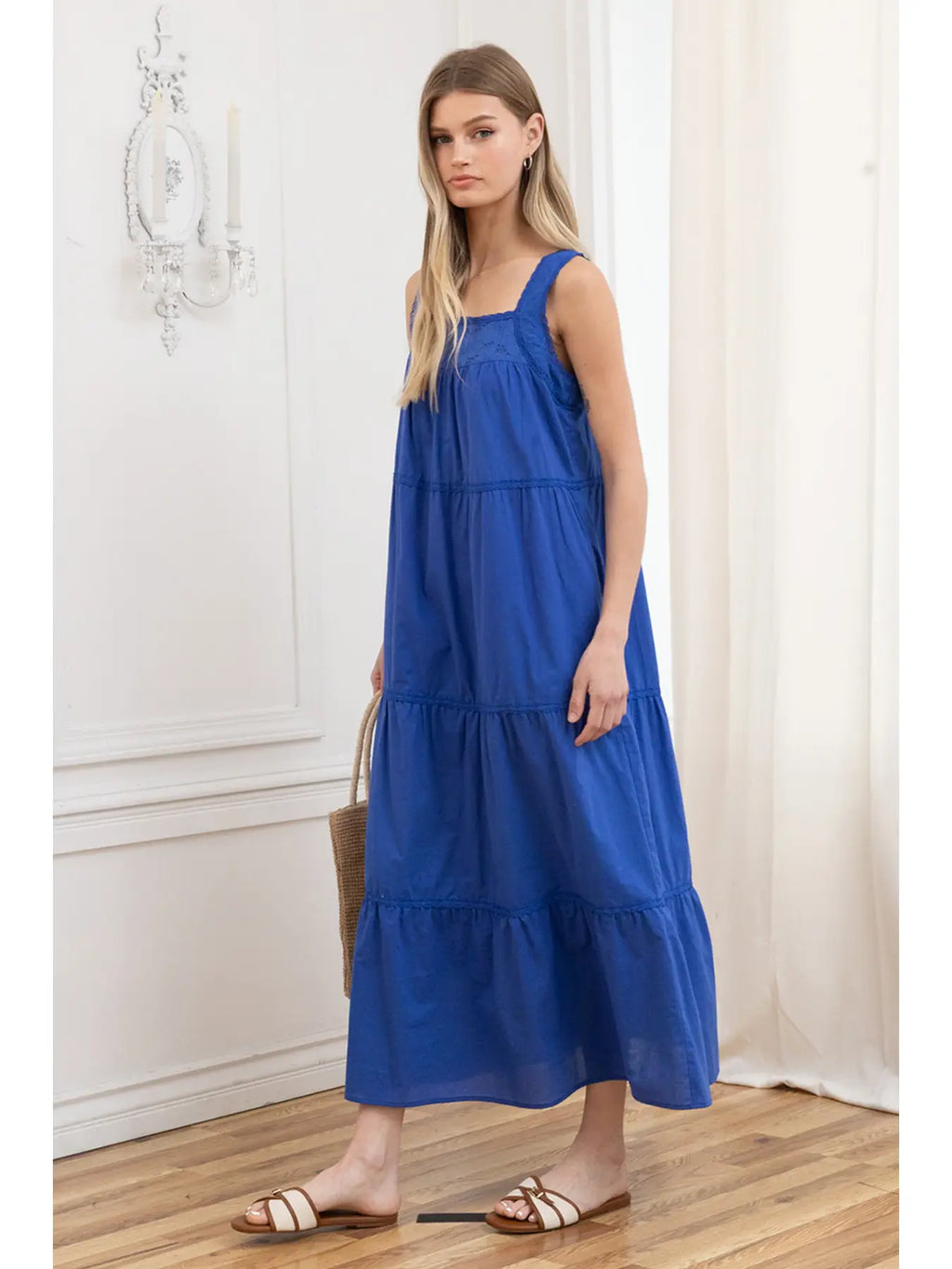 Lace Trim Tiered Maxi Dress in Cobalt Blue
