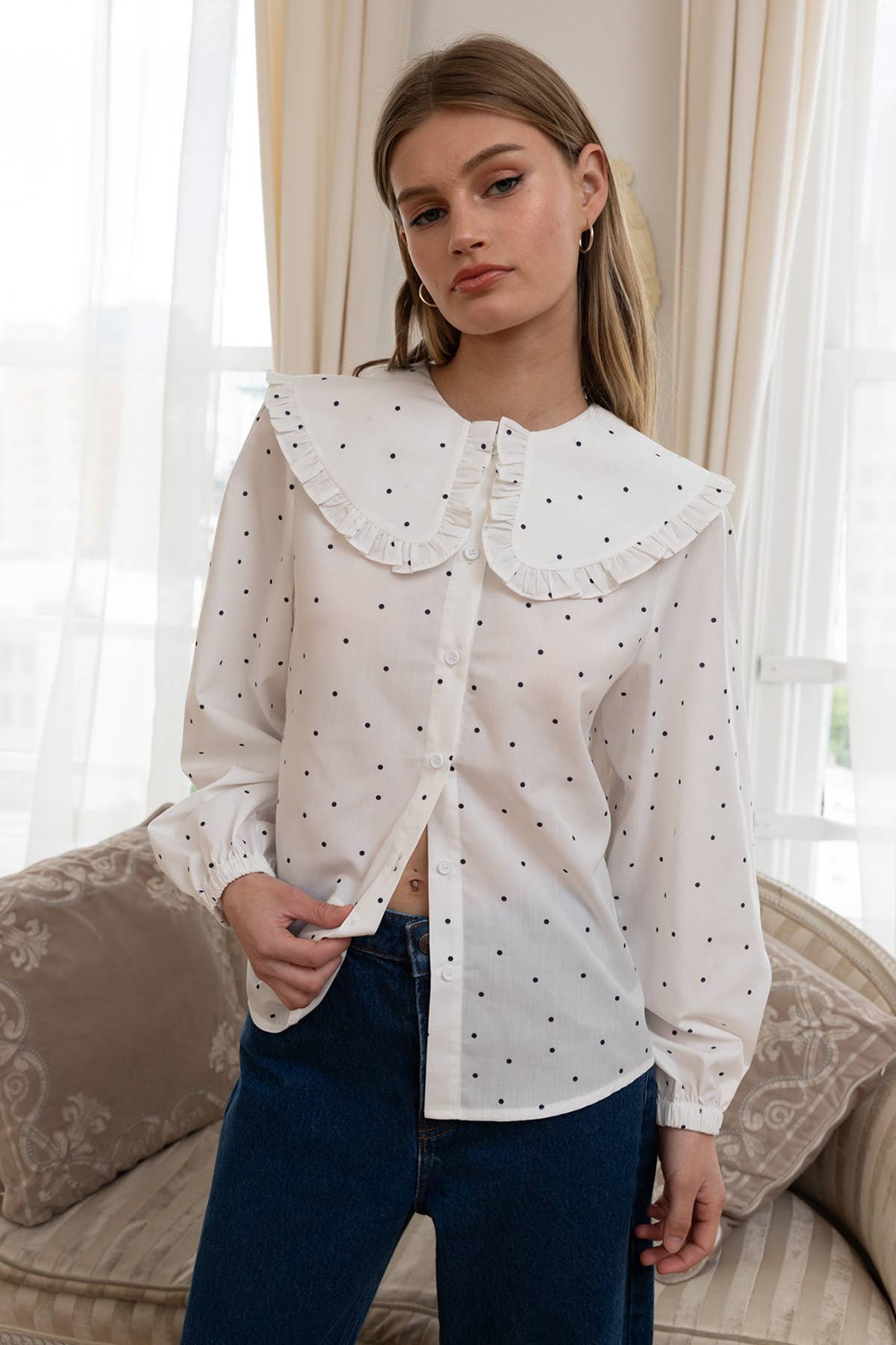 Polka Dot Ruffle Collar Blouse