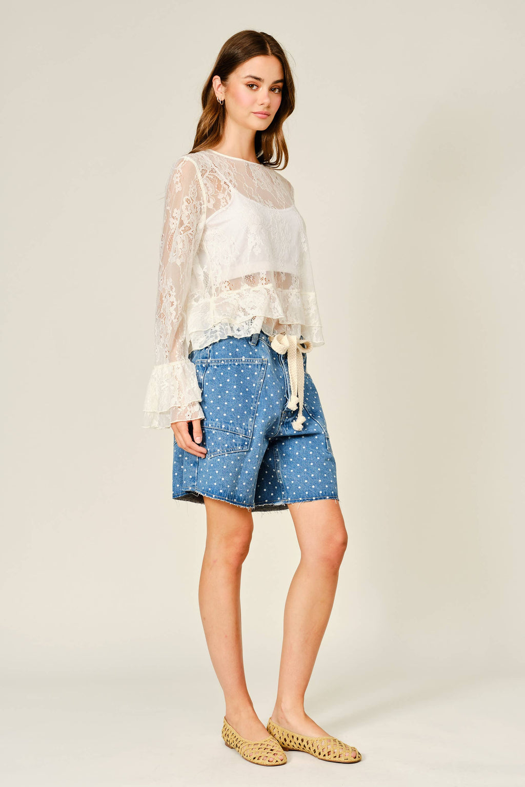 Polka Dot Barrel Denim Shorts