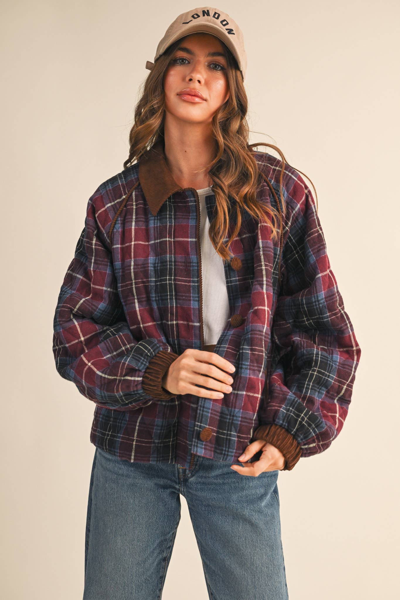 Plaid Quilted Jacket with Contrast Corduroy Detail