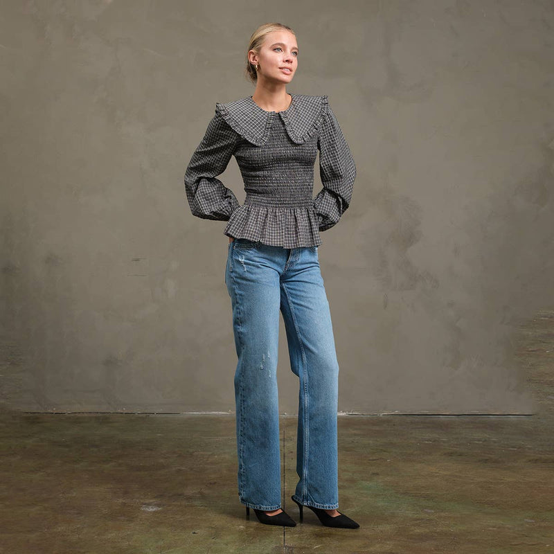 Check Blouse with Peter Pan Collar