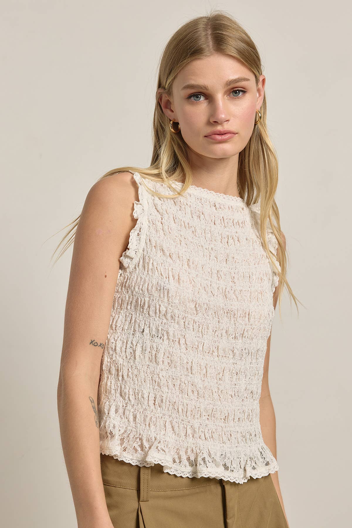 Smocked Lace Trim Sleeveless Top
