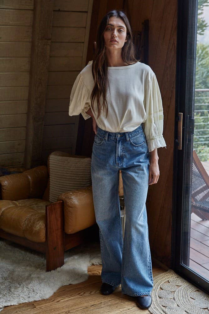 Quarter Balloon Sleeve Top with Pleat Detail