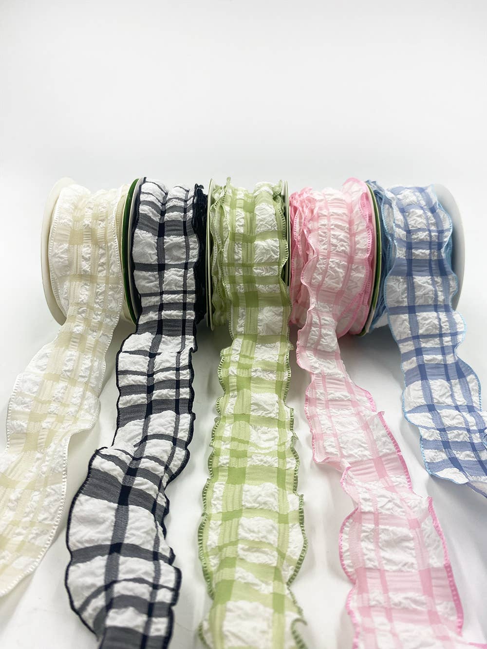 Sky Blue & White Seersucker Plaid Ruffled Edge Ribbon