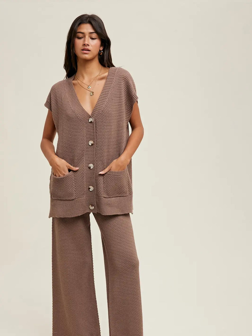 Waffle Knit Button-Up Vest and Pants Set